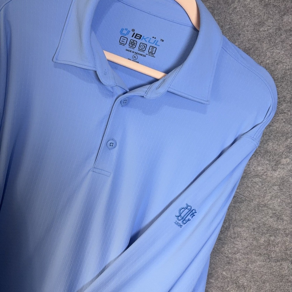 IBKUL Polo Shirt Mens XL Indigo Blue Long Sleeve UPF 50 Quick‎ Dry LOGO